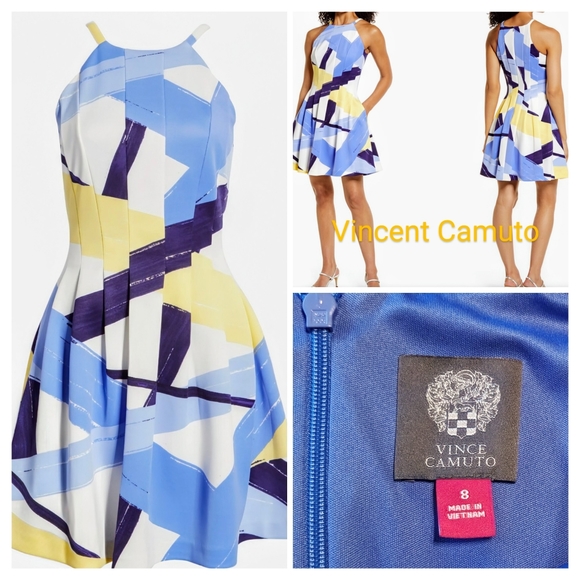 Vince Camuto, Brush Stroke Print, Pleated Fit & Flare,Halter Dress, Size 8 - Picture 1 of 14